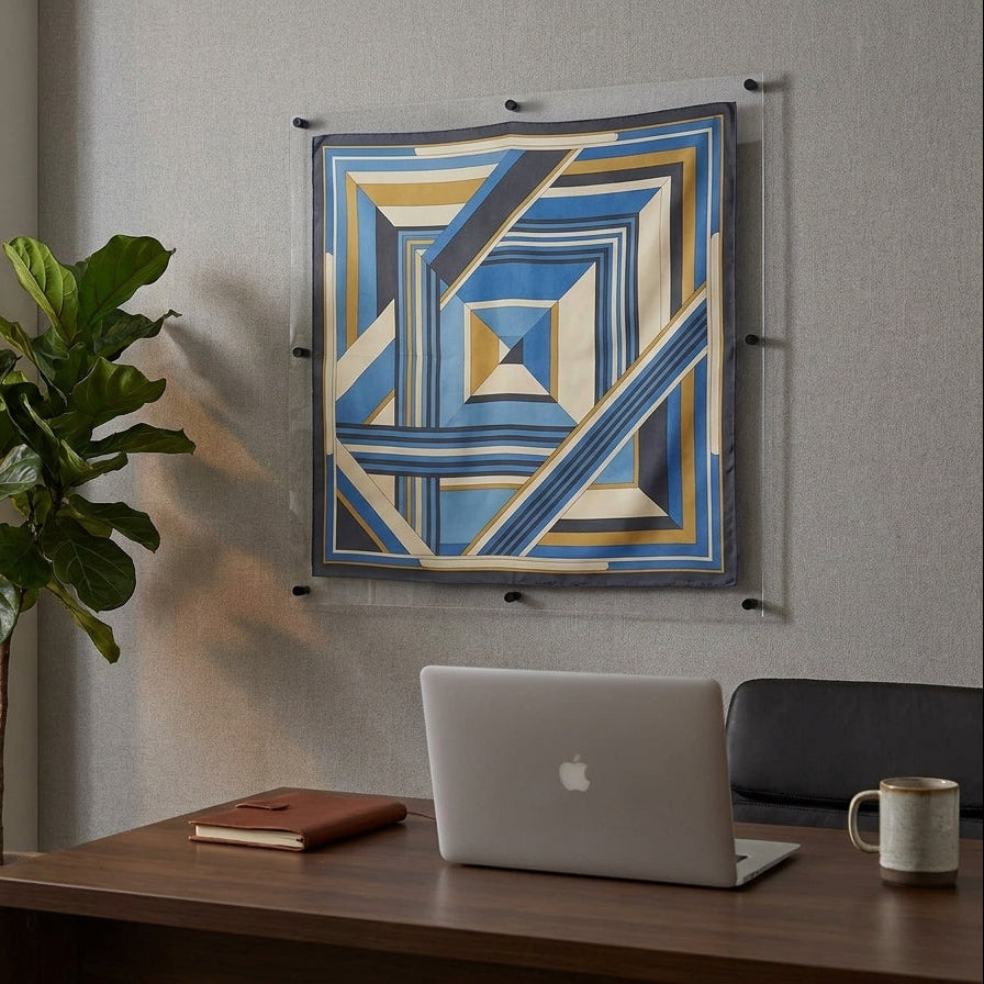A square wall hanging with an abstract geometric pattern in blue, beige, and gold, displayed on a gray wall above a wooden desk with a laptop, mug, and a potted fiddle-leaf fig plant.