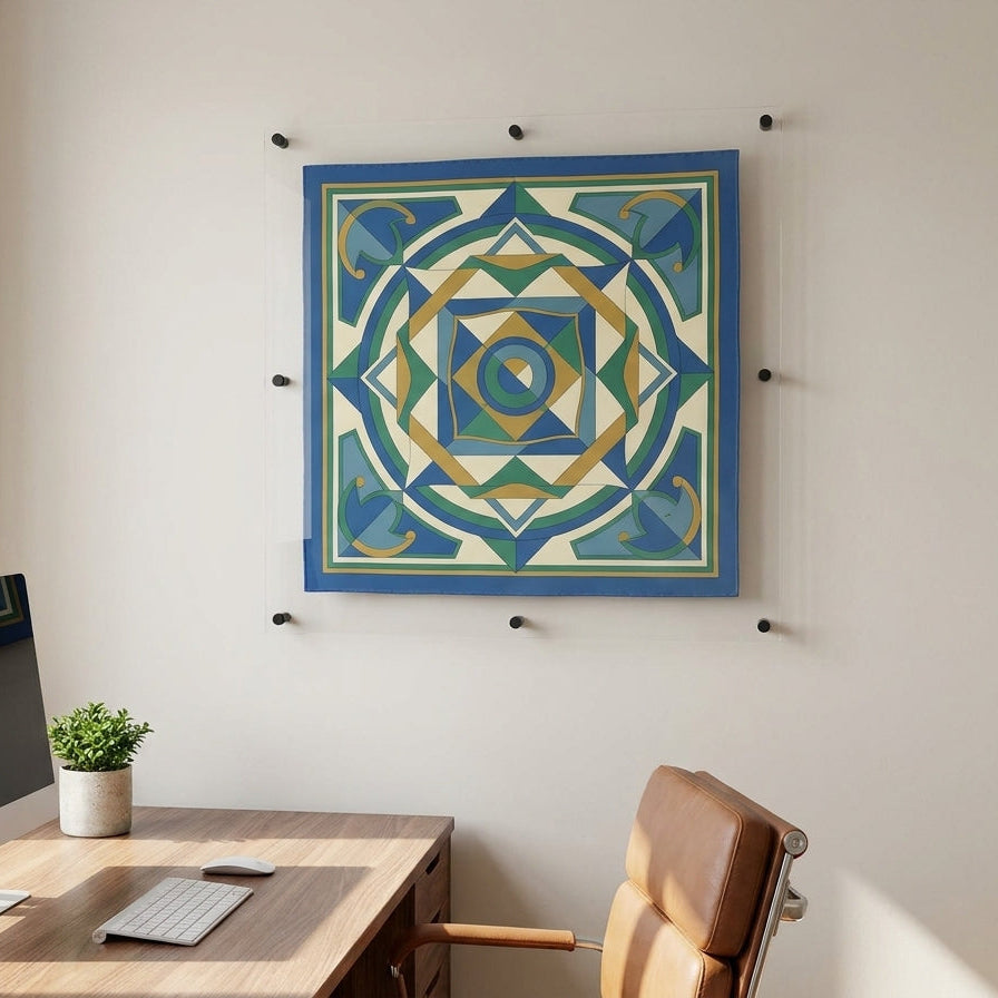 A square wall-mounted art print with a geometric mandala design in blue, green, and gold, displayed on a beige wall above a wooden desk with an iMac and a chair.