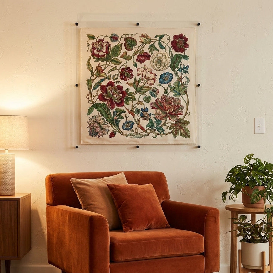 A framed floral tapestry with red, blue, and green flowers on a cream background, hung on a warm beige wall above an orange-brown velvet armchair in a styled living room.