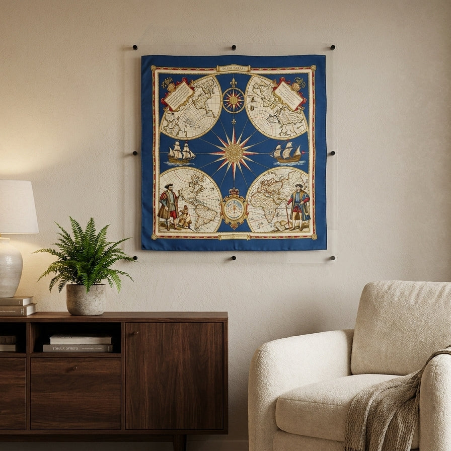 A square vintage-style world map wall hanging with a deep blue border and cream-colored continents, displayed on a beige wall above a dark wood sideboard with a lamp and plant, next to a cream armchair.