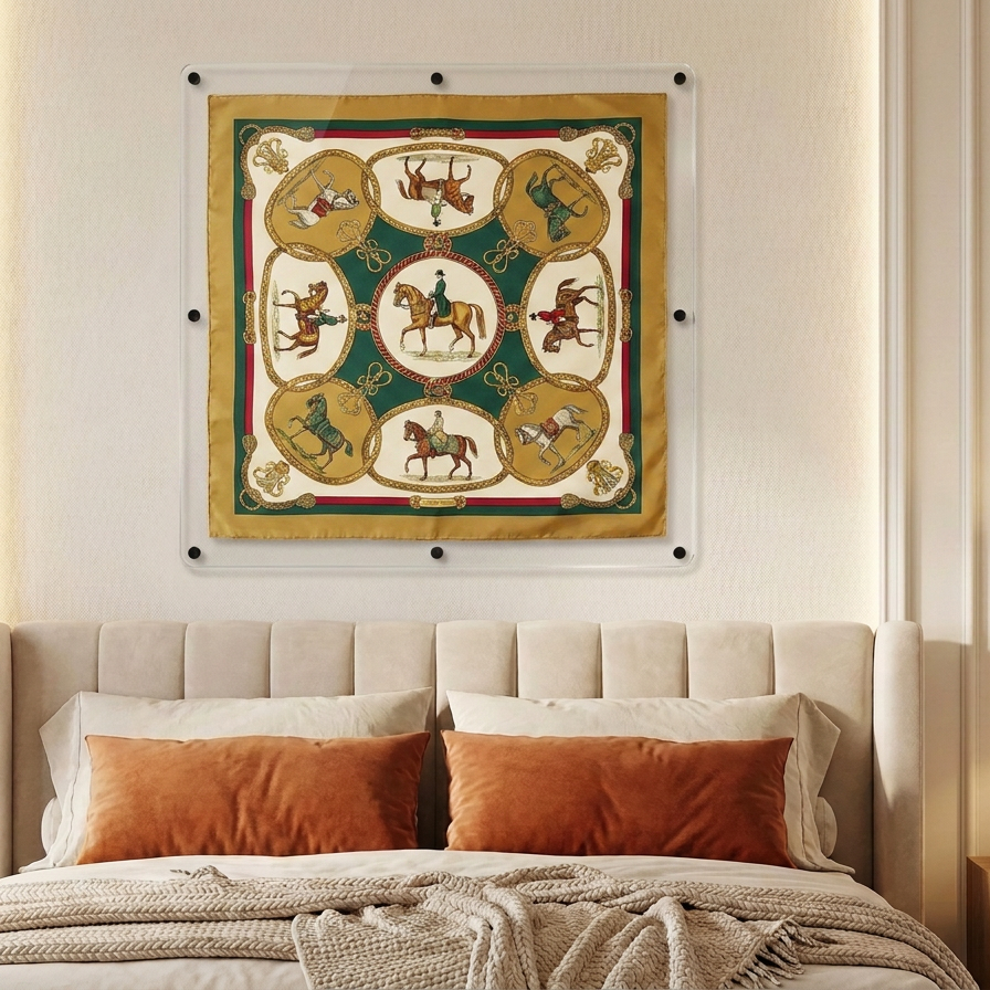 A framed square wall art print featuring an ornate zodiac-themed design with horses and figures, displayed above a bed in a warm, modern bedroom setting.