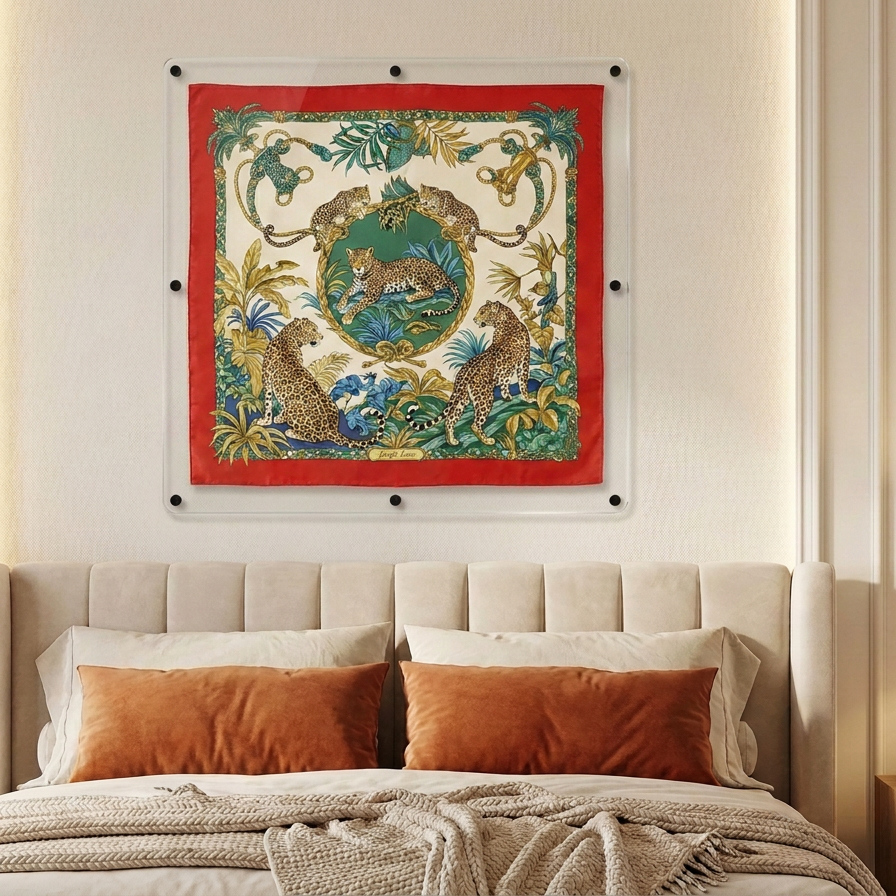 A framed square tapestry featuring a colorful jungle and leopard illustration hangs on a beige wall above a bed with orange pillows in a styled bedroom setting.