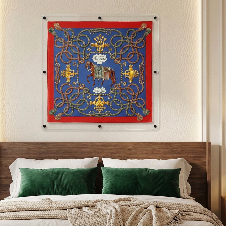 A framed square wall art piece with a red border, blue central field, and ornate gold decorative pattern, displayed above a bed in a styled bedroom.