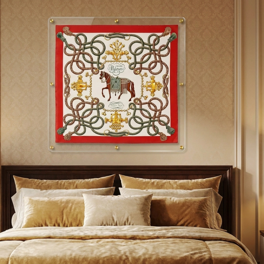 A framed square wall art print featuring an ornate red border, cream background, and a horse motif with decorative scrollwork, displayed above a bed in a warm beige bedroom.