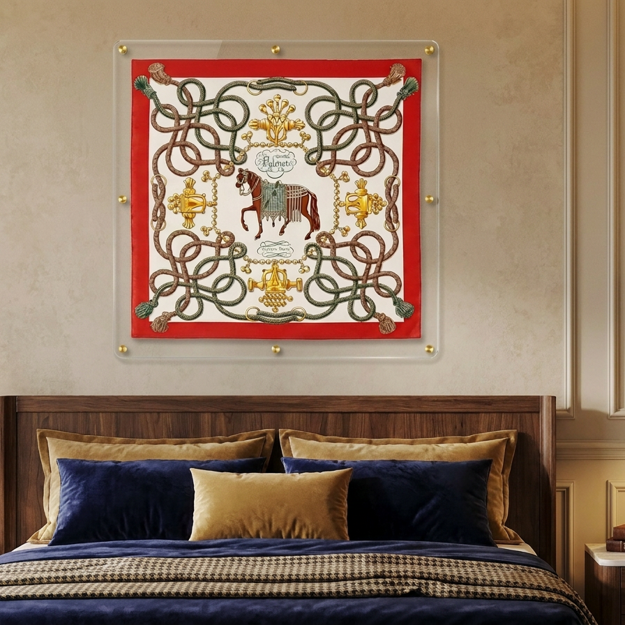 A framed square wall art print featuring an ornate red, cream, gold, and green filigree design with a horse motif, displayed above a bed in a styled bedroom.
