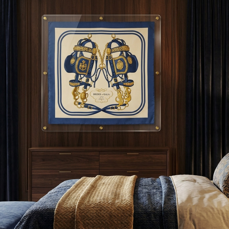 A framed silk scarf art print featuring a blue and gold horse bit design, displayed on a dark wood wall above a bed in a styled bedroom setting.