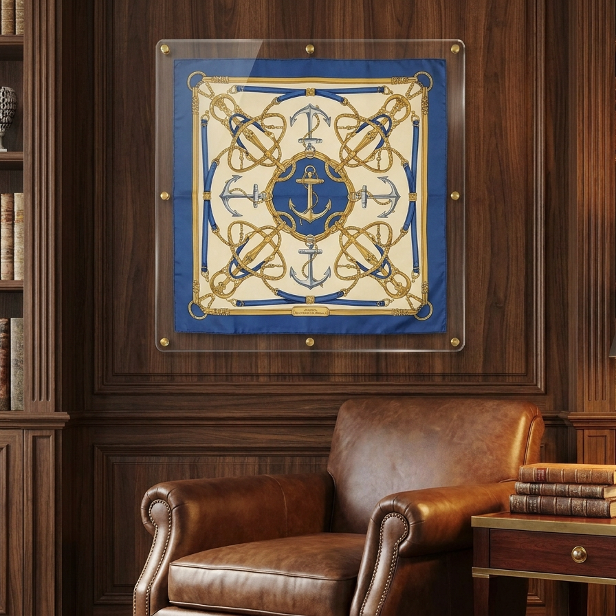 A square silk scarf with a blue and gold nautical design featuring anchors and knots, displayed in a clear acrylic frame on a dark wood-paneled wall in a classic library setting.