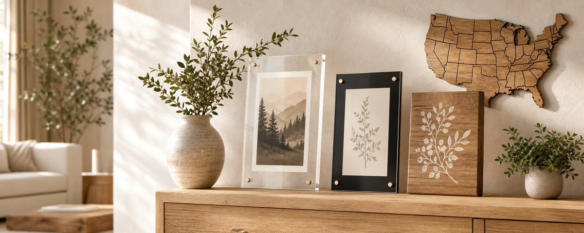 Modern and Rustic handcrafted acrylic frames, wood sign, and wooden USA map
