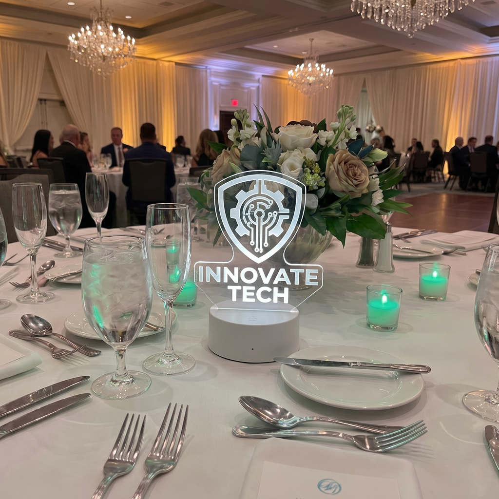 A formal event banquet table set with white tablecloths, silver cutlery, water glasses, and a floral centerpiece. A small white cylindrical device with a circular logo sits in the center of the table, with a large 'INNOVATE TECH' graphic overlay in the foreground.