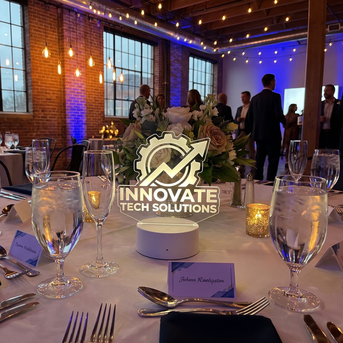 A formal event table setup in a brick-walled banquet hall, with clear wine glasses, silverware, napkins, and a central logo overlay reading 'Innovate Tech Solutions'. Guests are visible mingling in the background under warm string lights and blue accent lighting.