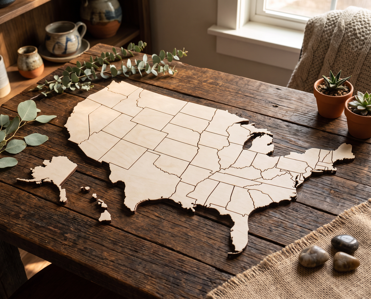 Wooden USA Map Cutout - DIY Wall Art Puzzle Pieces