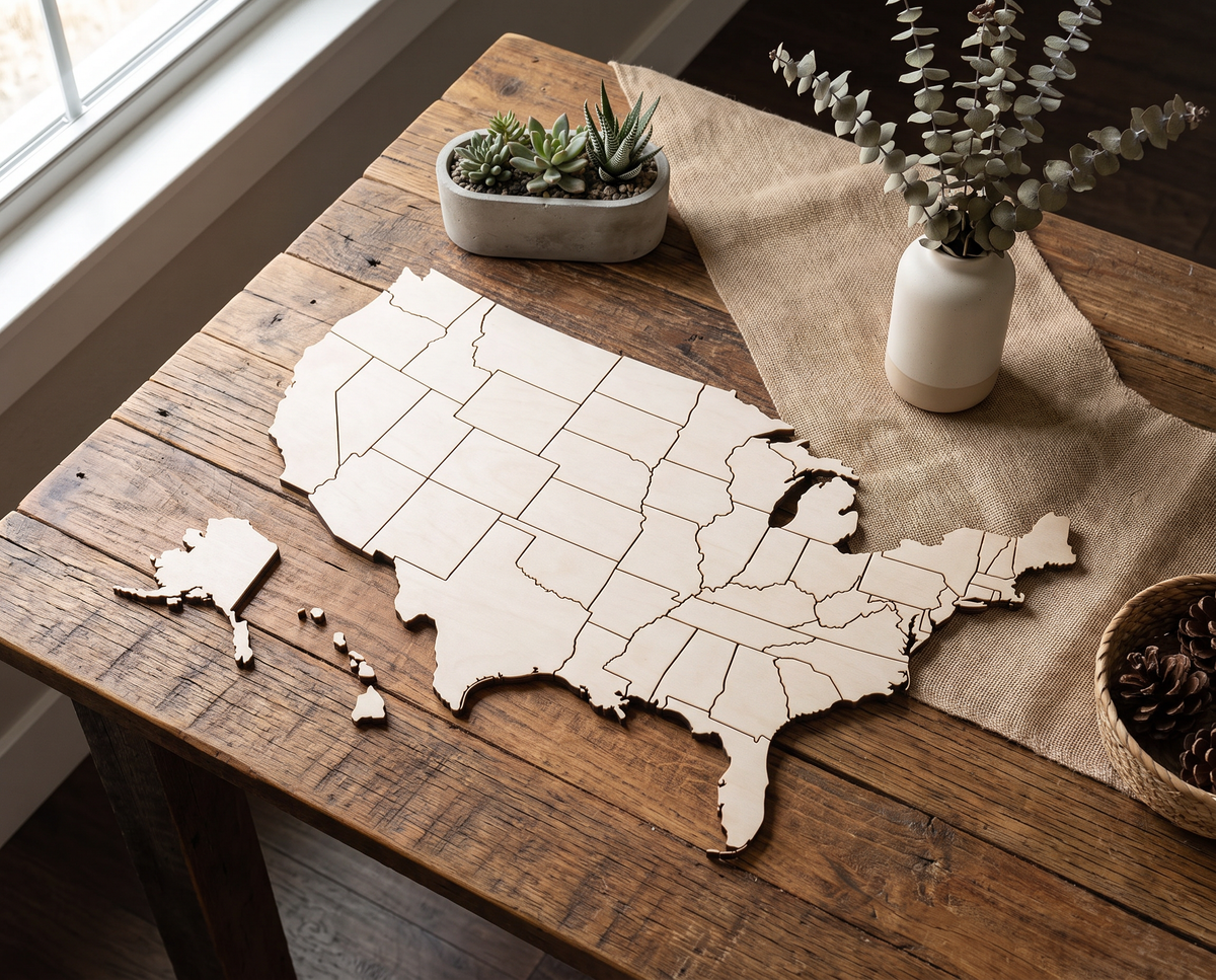 Wooden USA Map Cutout - DIY Wall Art Puzzle Pieces