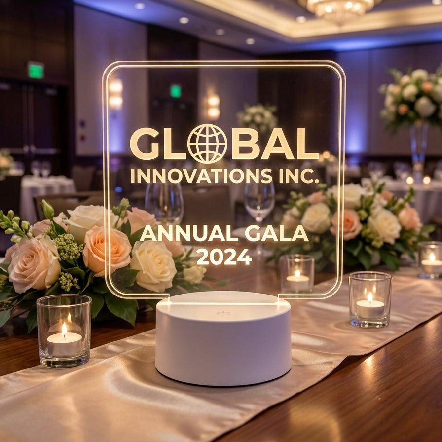 A clear acrylic award plaque reading 'GLOBAL INNOVATIONS INC. ANNUAL GALA 2024' stands on a round white pedestal at a decorated event table with flowers, candles, and wine glasses in a banquet hall.