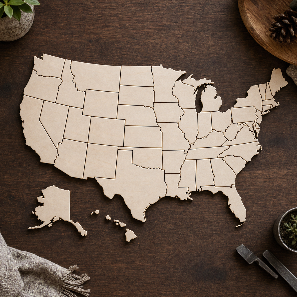 Wooden USA Map Cutout - DIY Wall Art Puzzle Pieces product photo